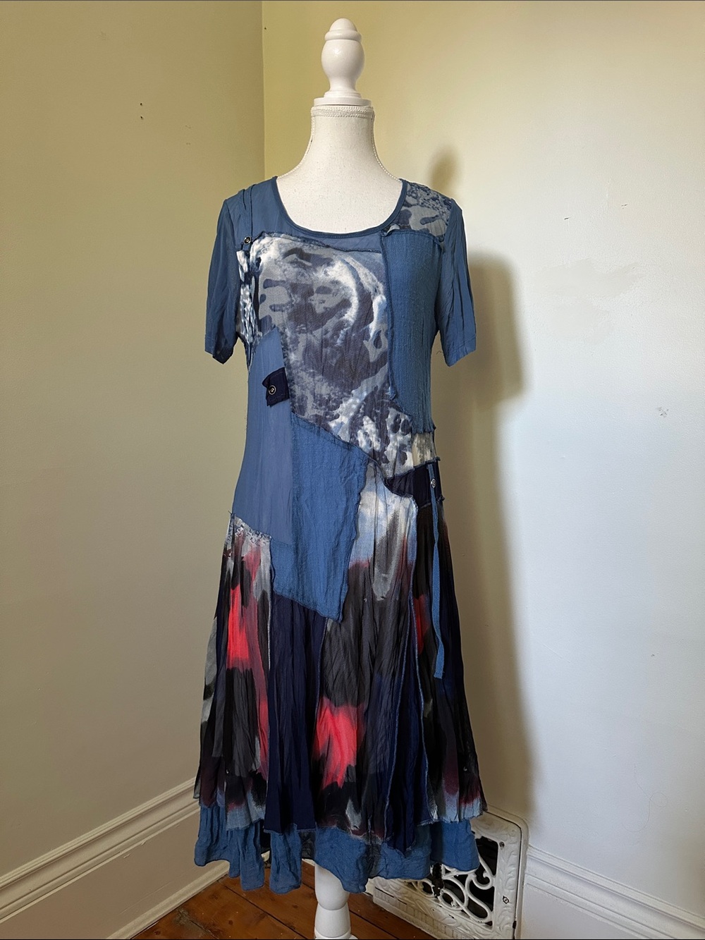 MISS NIKKY Art to Wear Abstract Boho Mixed Fabric Patchwork Layered Midi Dress